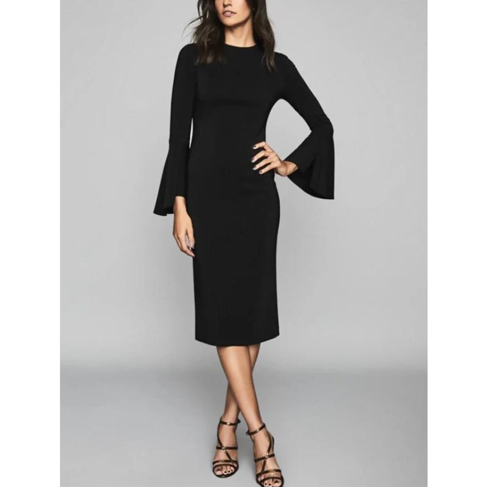 Reiss Black Long Sleeve Midi Dress with Flared Cuffs